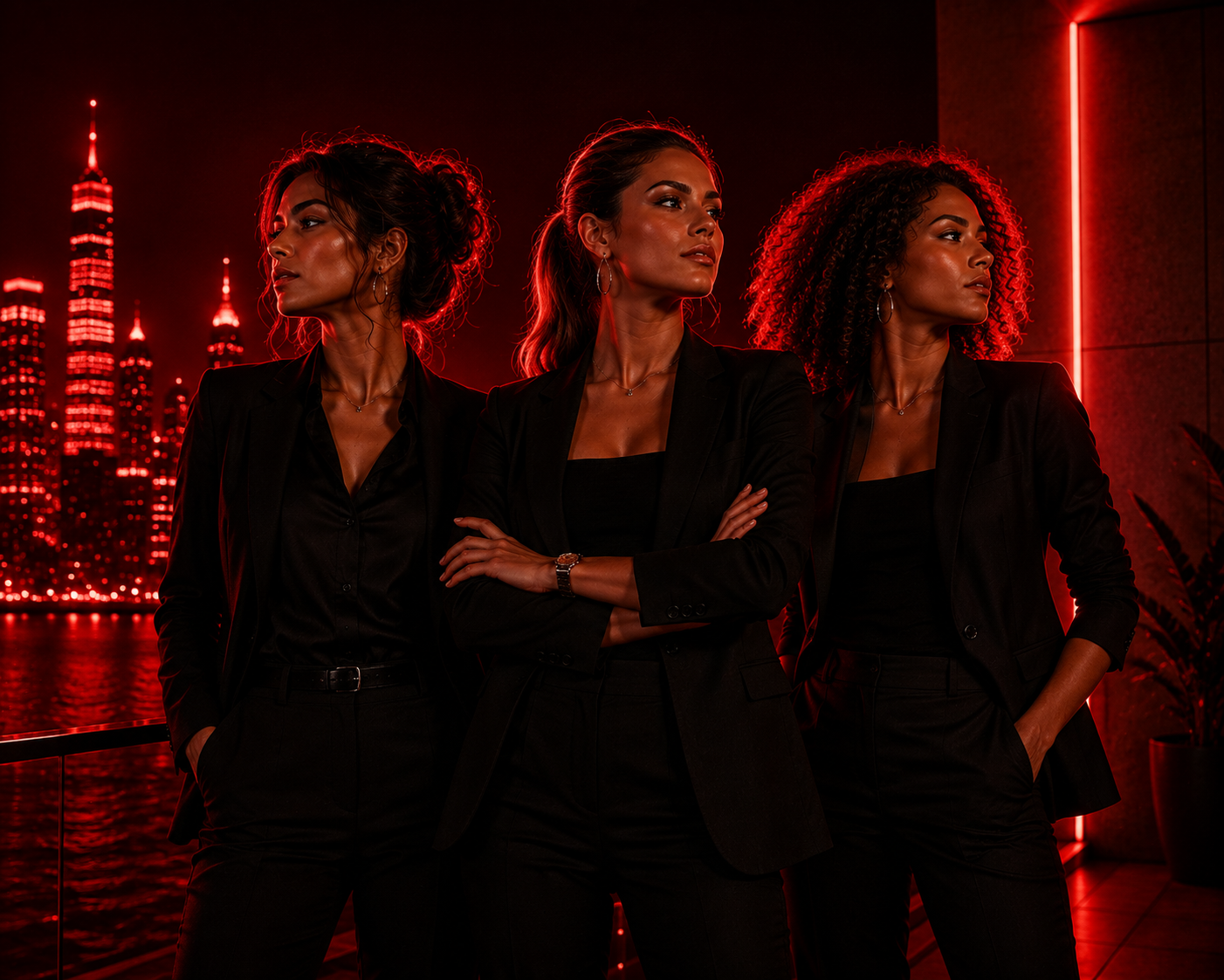 Three professional women standing together against a red skyline