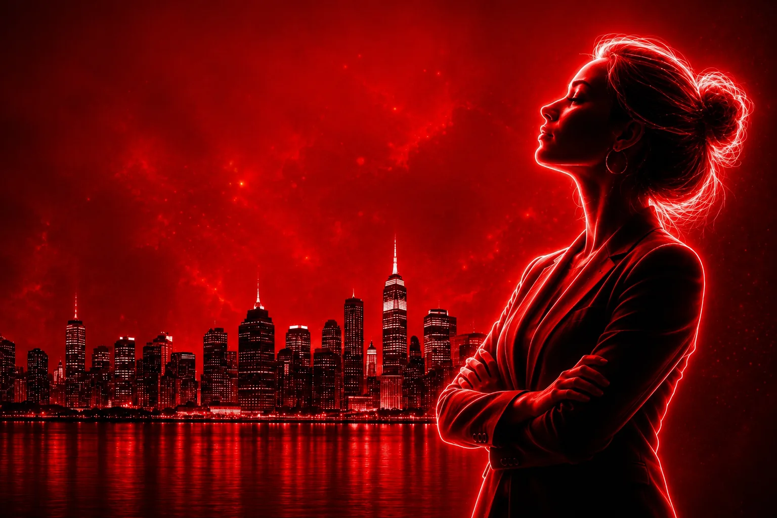 A professional woman reflecting before a city skyline, representing the origin of WWEC