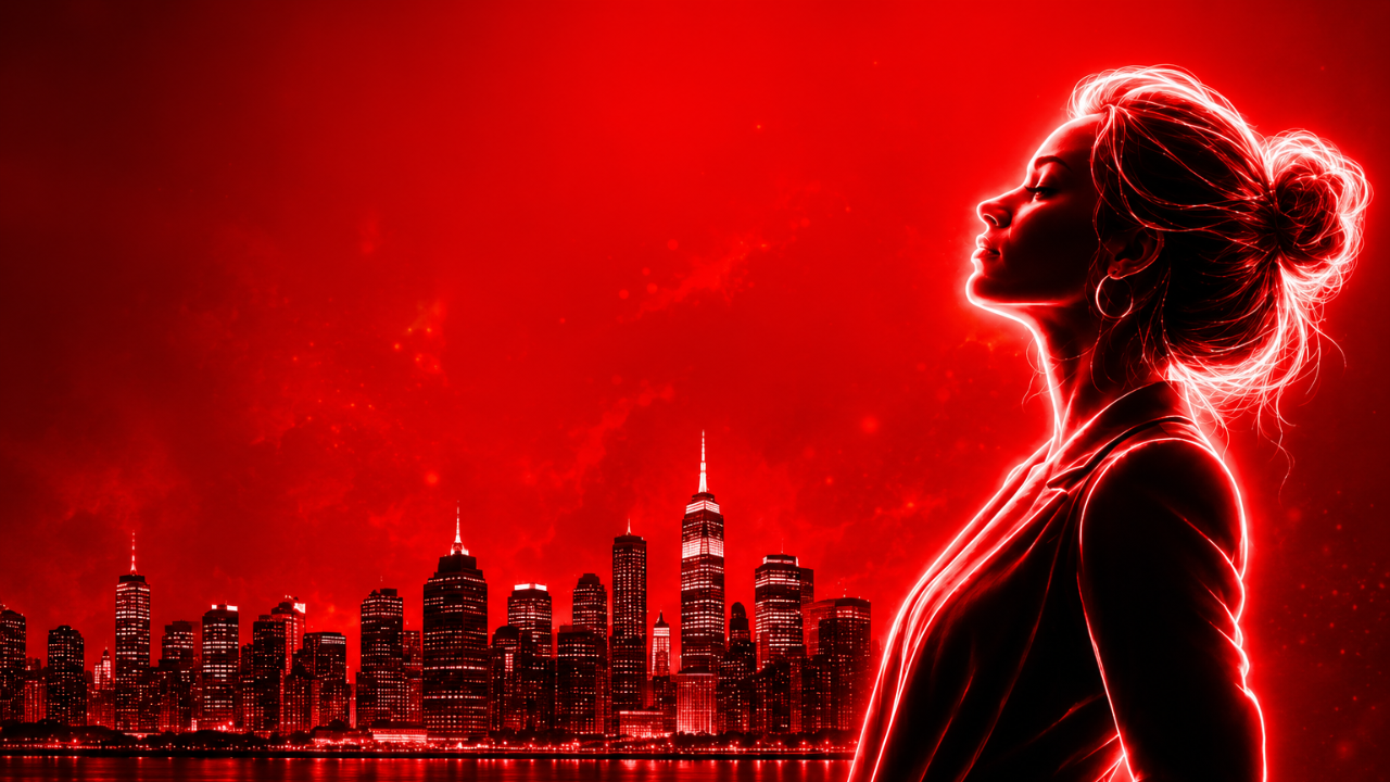 Illuminated silhouette of a woman above a city skyline