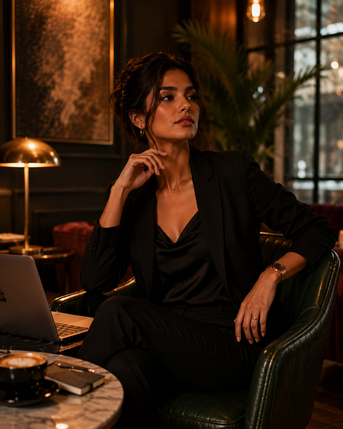 A professional woman reflecting in a warmly lit lounge